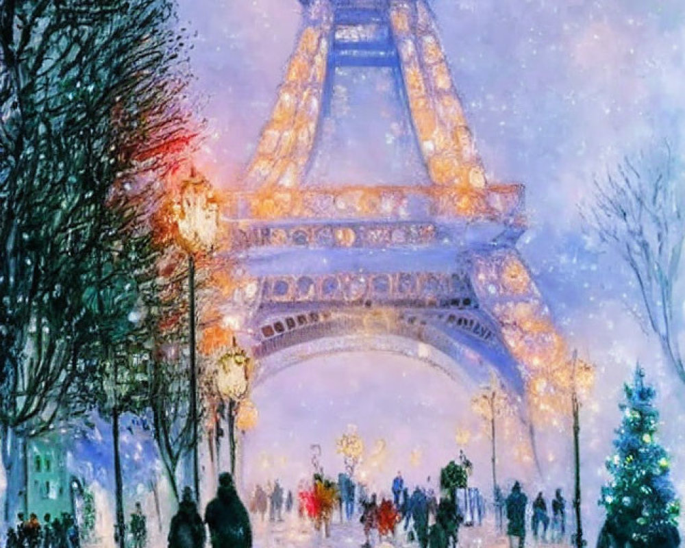 Impressionistic painting of Eiffel Tower in snowy evening