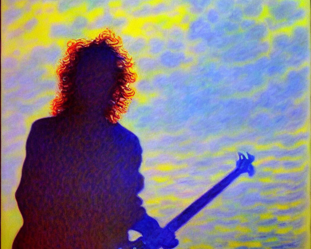 Curly-Haired Figure with Guitar in Vibrant Sky Background