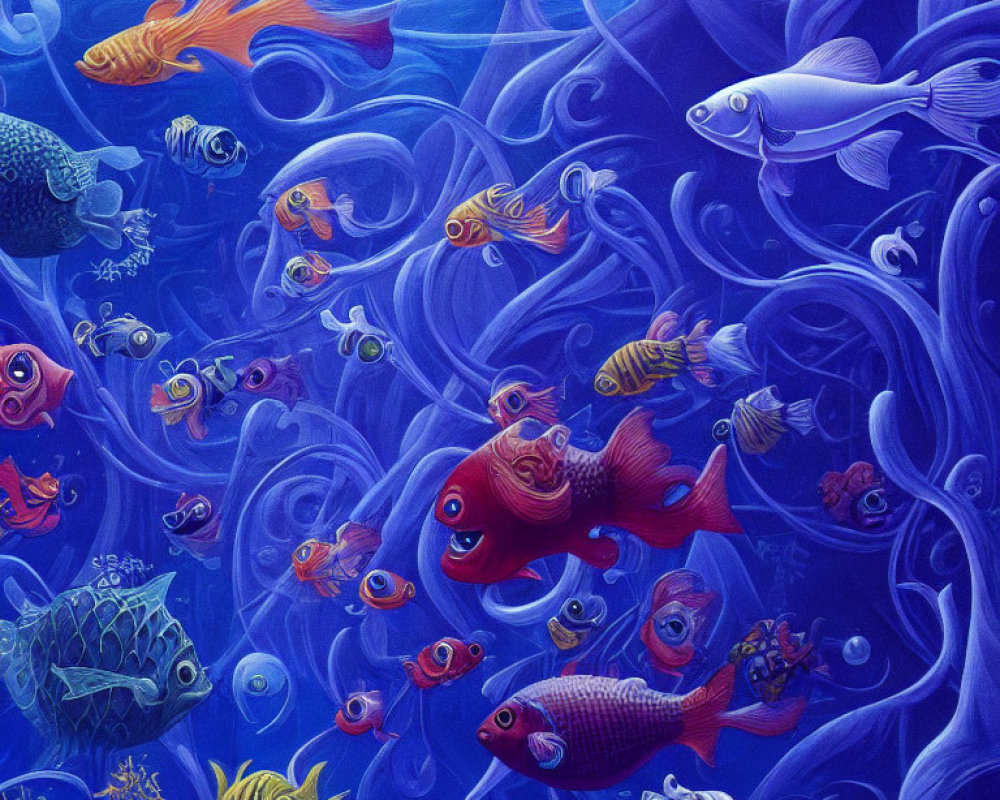 Colorful Fish Swimming Among Blue Sea Plants in Vibrant Underwater Scene