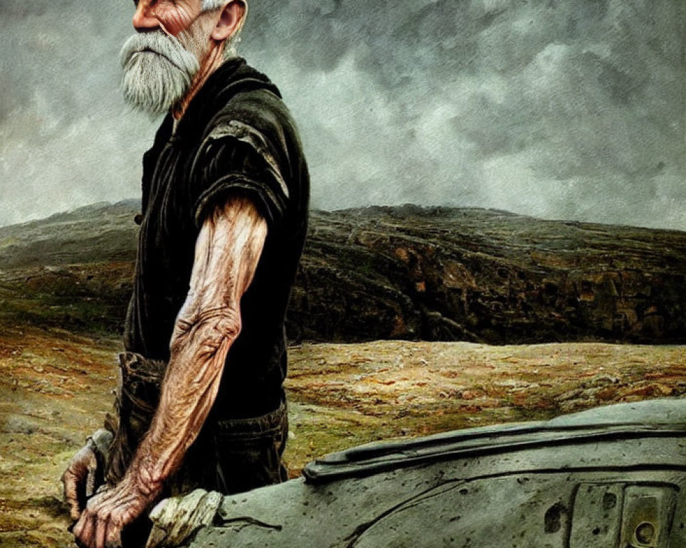 Elderly bearded man in cap leans on old car in barren landscape