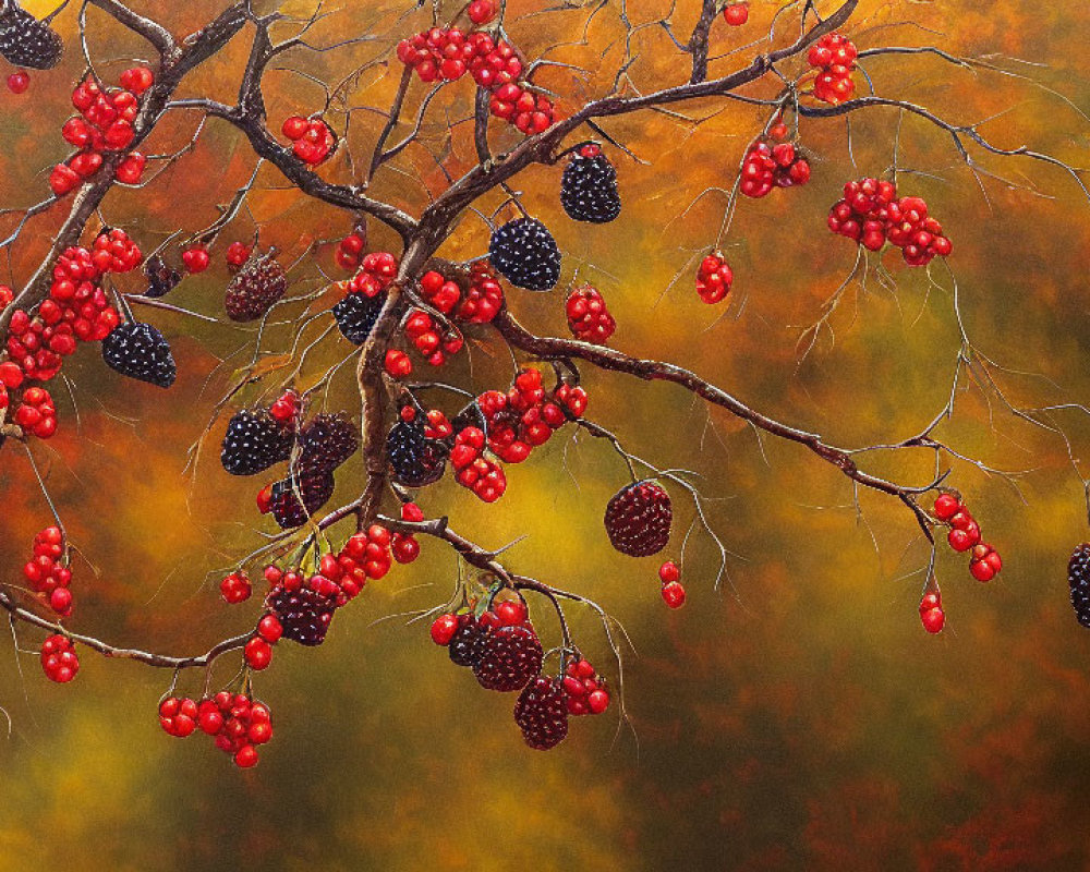 Red Berries and Blackberries on Textured Autumnal Background