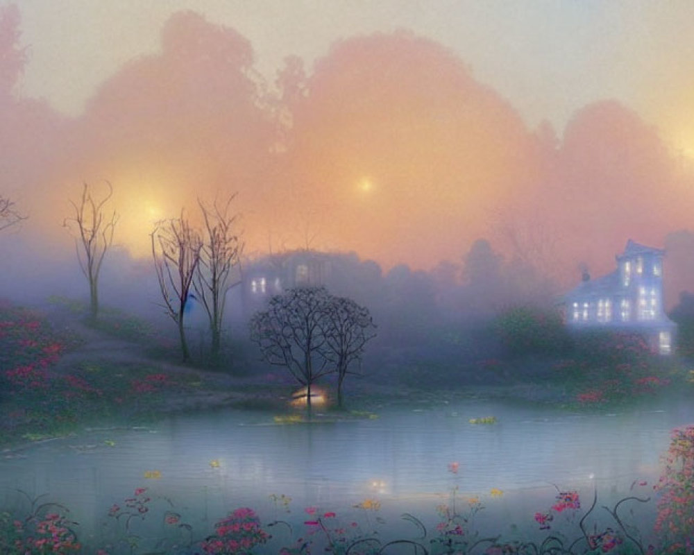 Twilight misty pond with lush flora and distant house lights