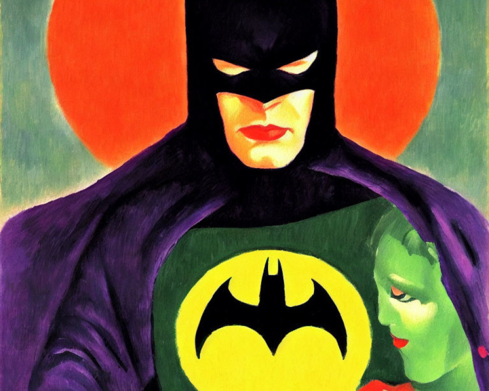 Stylized Batman painting with bat symbol and green-faced character on colorful background