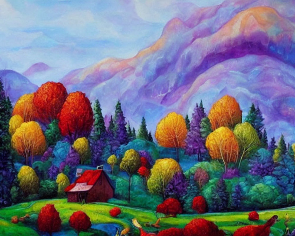 Colorful Landscape Painting with Forest, House, Hills, and Purple Mountains