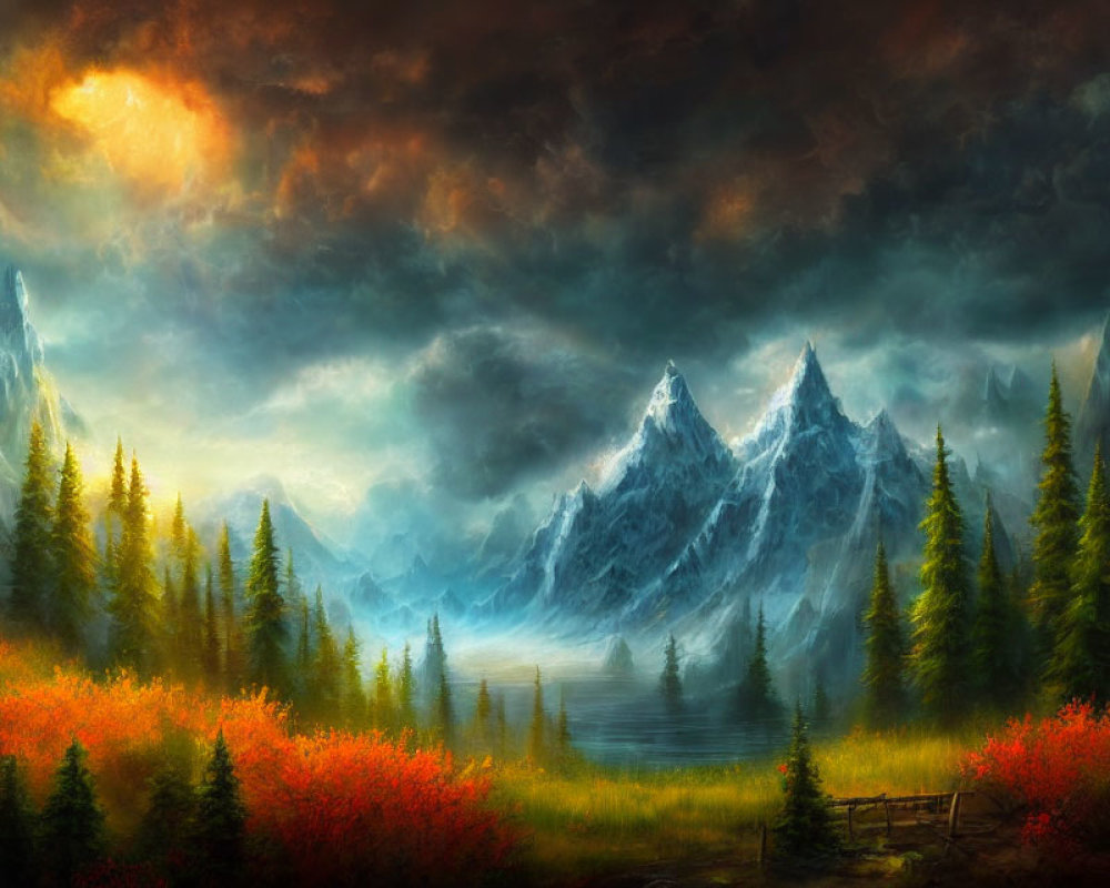 Snow-Capped Mountains, Fiery Sky, Autumn Forest, Serene Lake