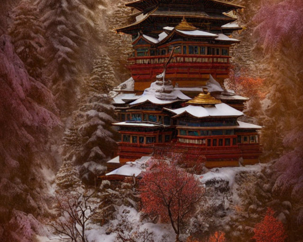 Snow-covered trees surround a glowing pagoda temple with vibrant red foliage