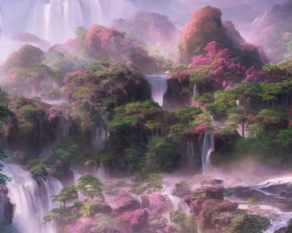 Mythical landscape with lush greenery, pink flora, and cascading waterfalls