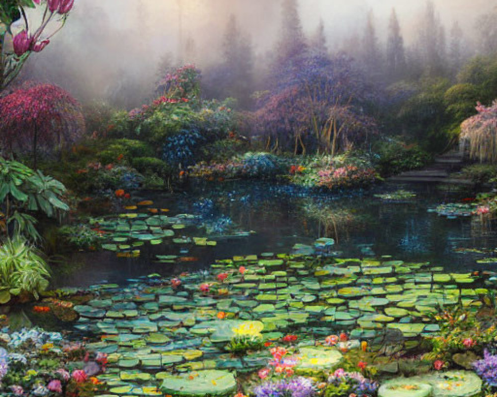 Tranquil pond with lily pads, blooming flowers, and misty ambiance