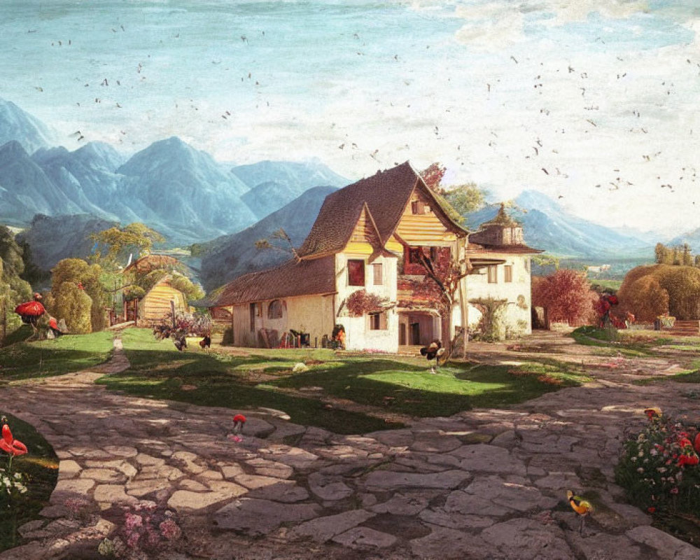 Scenic landscape with red-roofed house, flowers, mountains, and birds