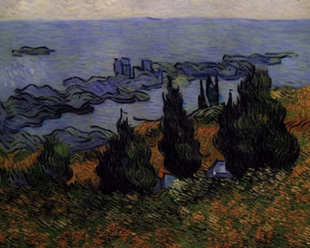 Post-Impressionist coastal scene with cypress trees, sea waves, and swirling sky