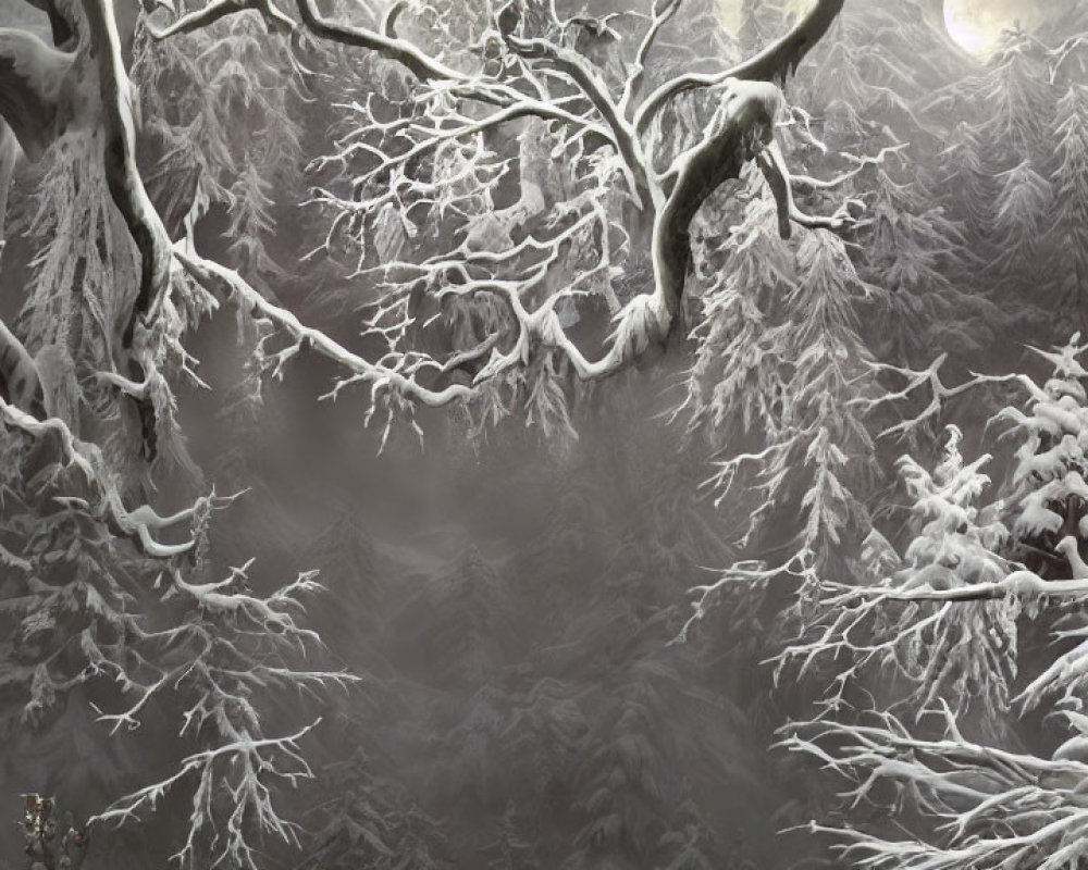 Snow-covered winter forest with twisted trees and soft light