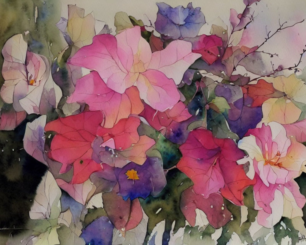 Vibrant multicolored flowers in watercolor painting