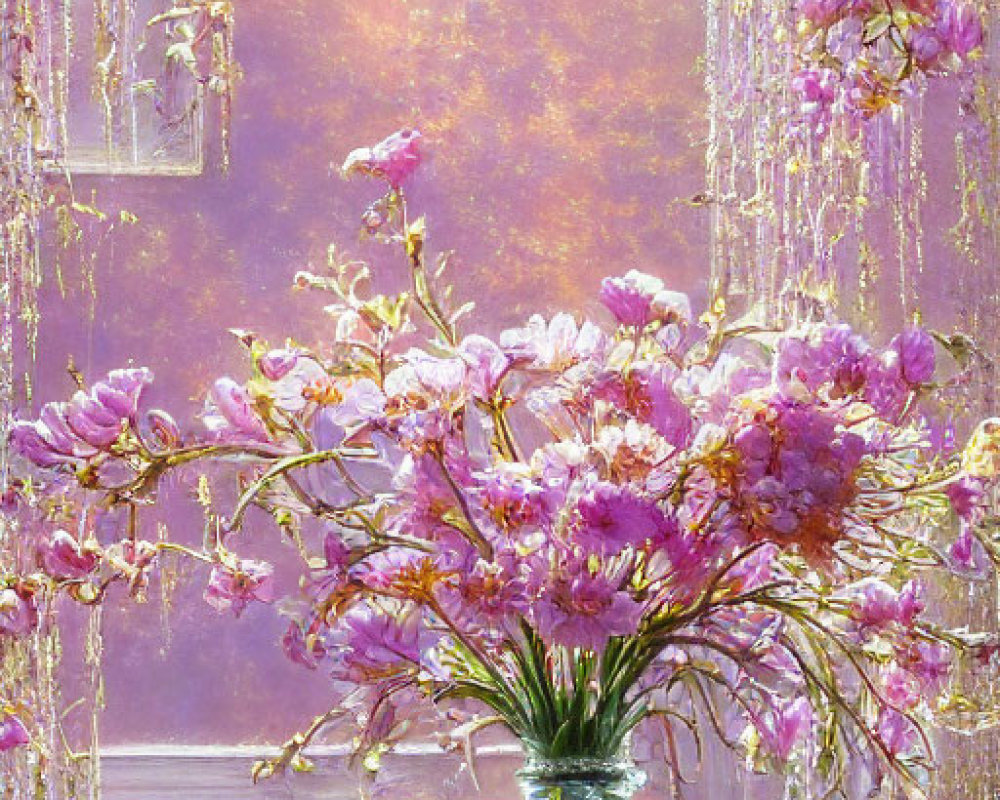 Colorful painting of pink flowers in a vase with sunlight and wisteria.