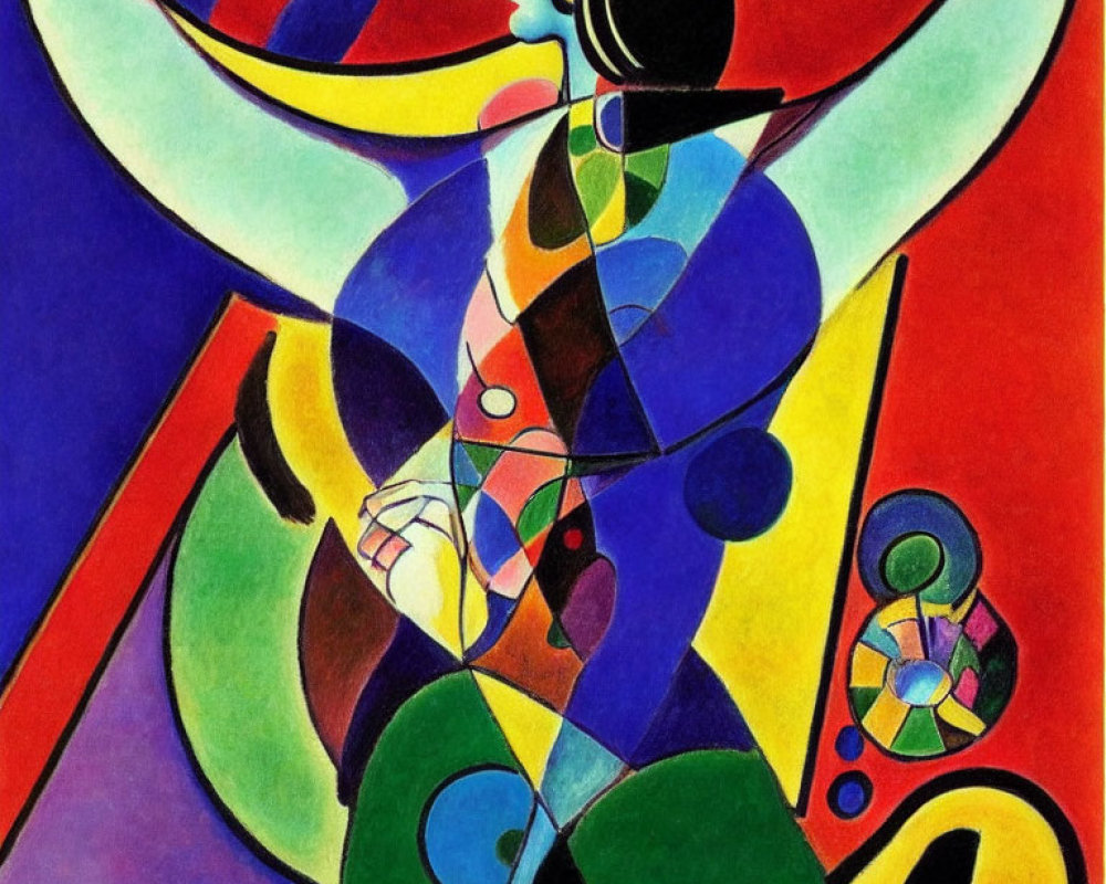 Vibrant abstract painting: stylized female figure with colorful geometric shapes