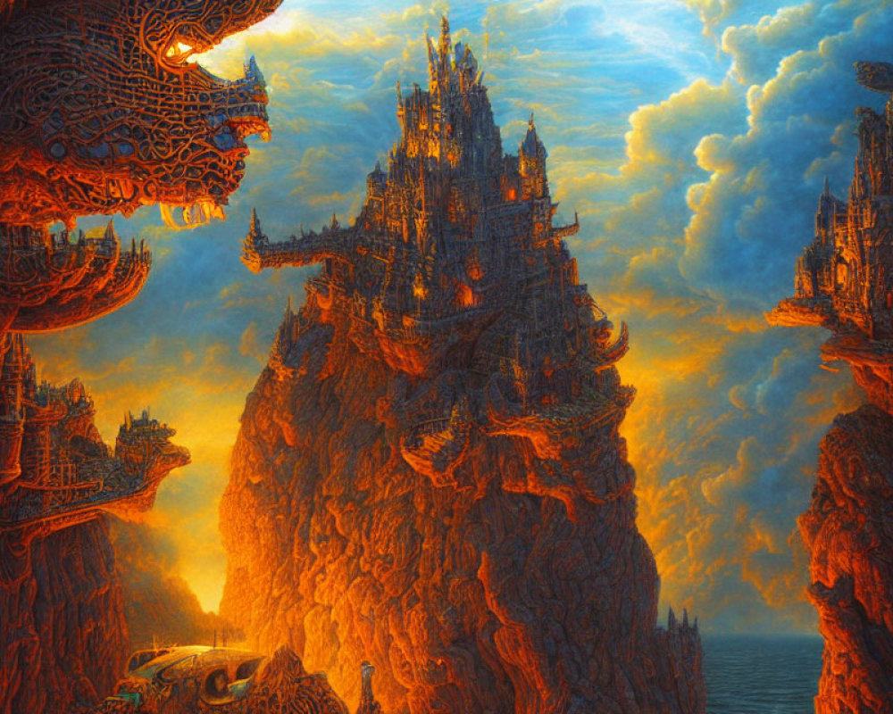 Fantastical landscape with ornate castles on soaring cliffs under an orange sky