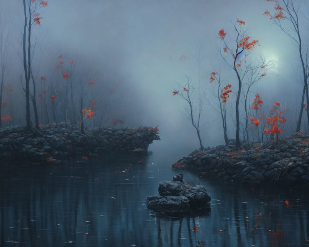 Misty landscape with dark water, rocky shores, and red-leafed trees