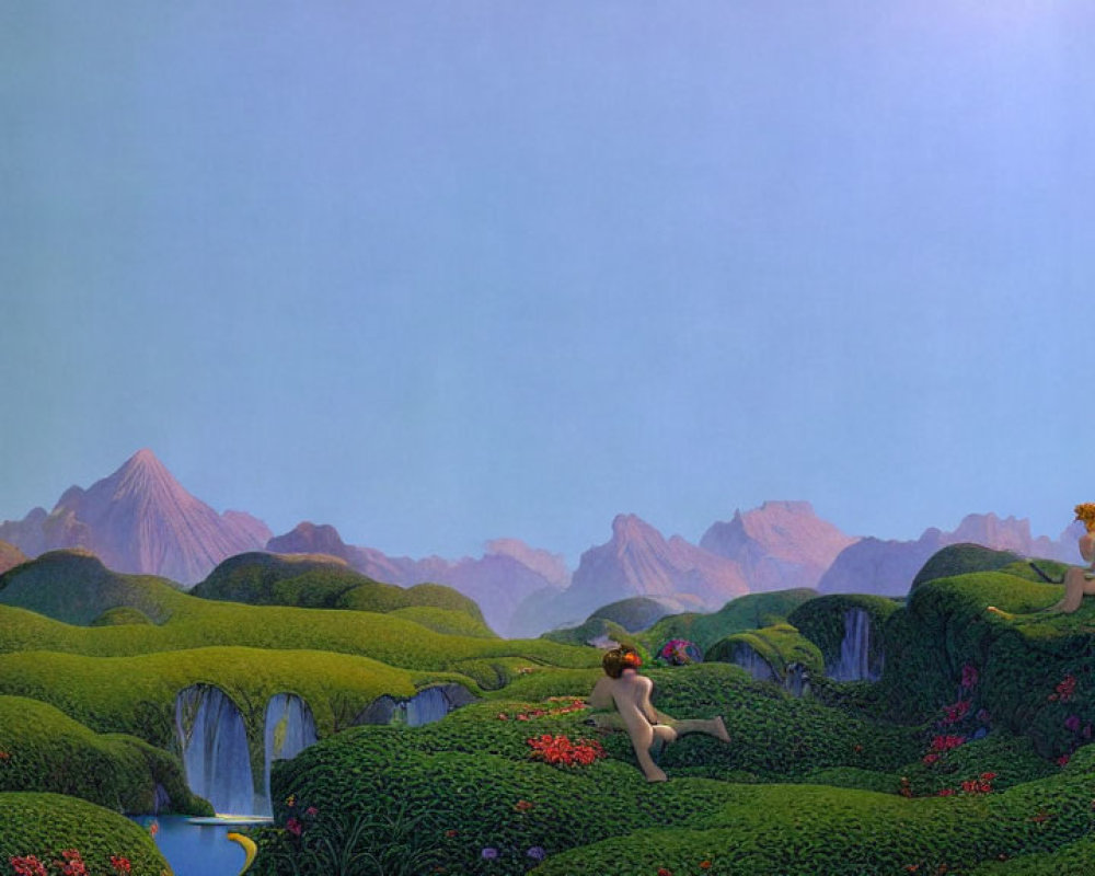 Whimsical landscape with green hills, flowers, waterfalls, and stylized nude figures