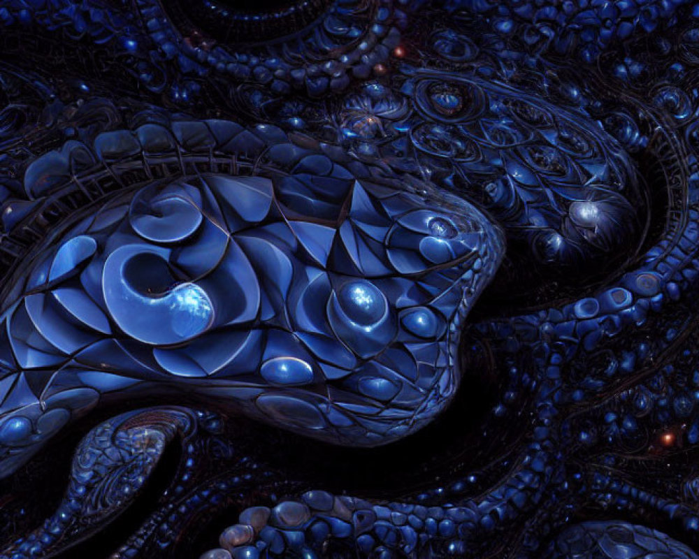 Intricate Blue Fractal Image with Spiral and Circular Designs