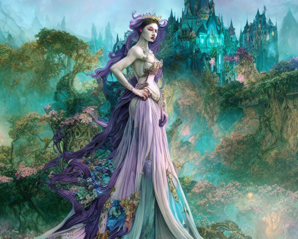 Fantasy Artwork: Elf Queen in Purple Gown in Mystical Forest