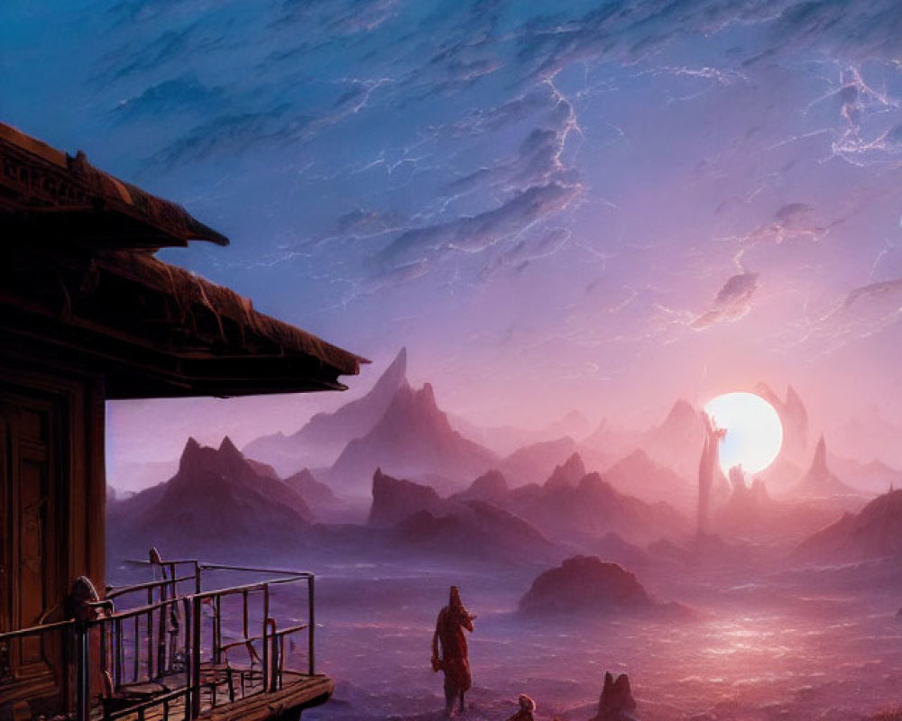 Two individuals in surreal landscape with purple skies and setting sun.