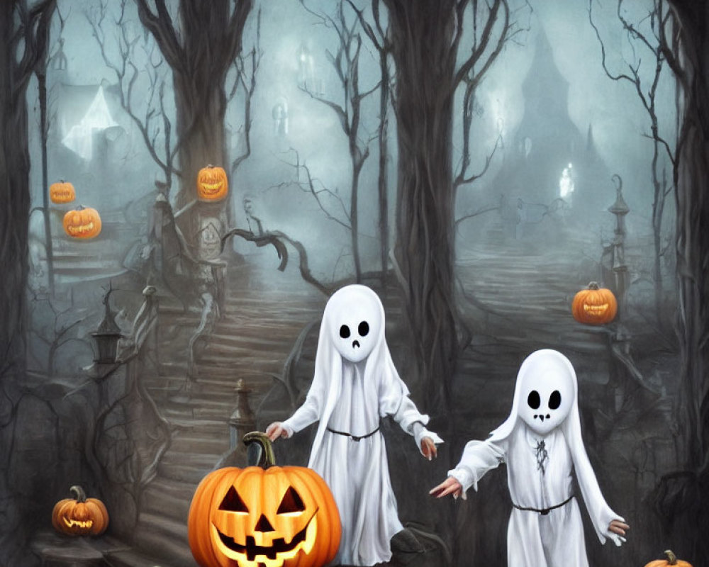 Ghostly figures with pumpkins in spooky forest scene.