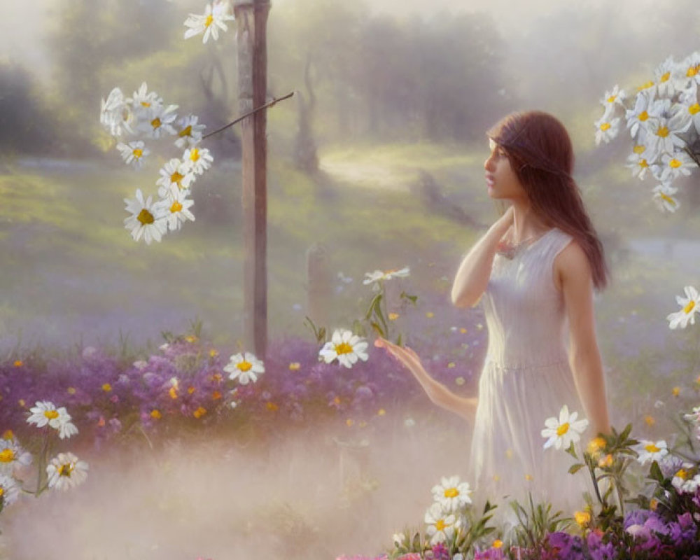 Woman in White Dress Standing Among Blooming Flowers in Sunlit Meadow