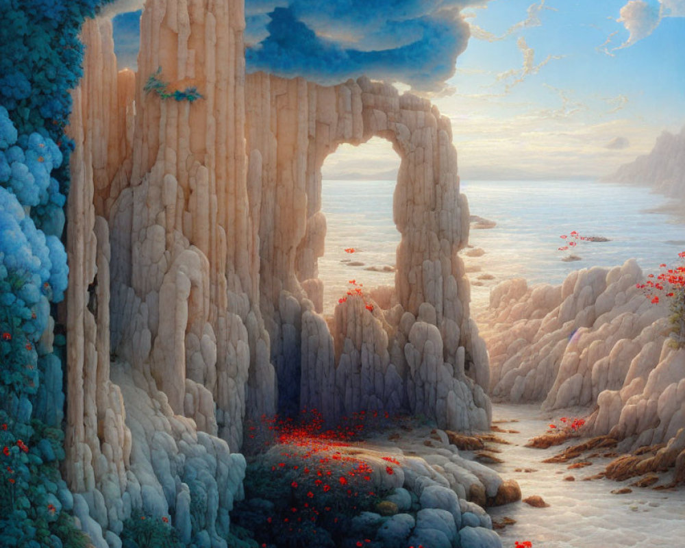 Fantastical landscape with rock formations, natural arch, blue foliage, red flowers, tranquil shoreline,