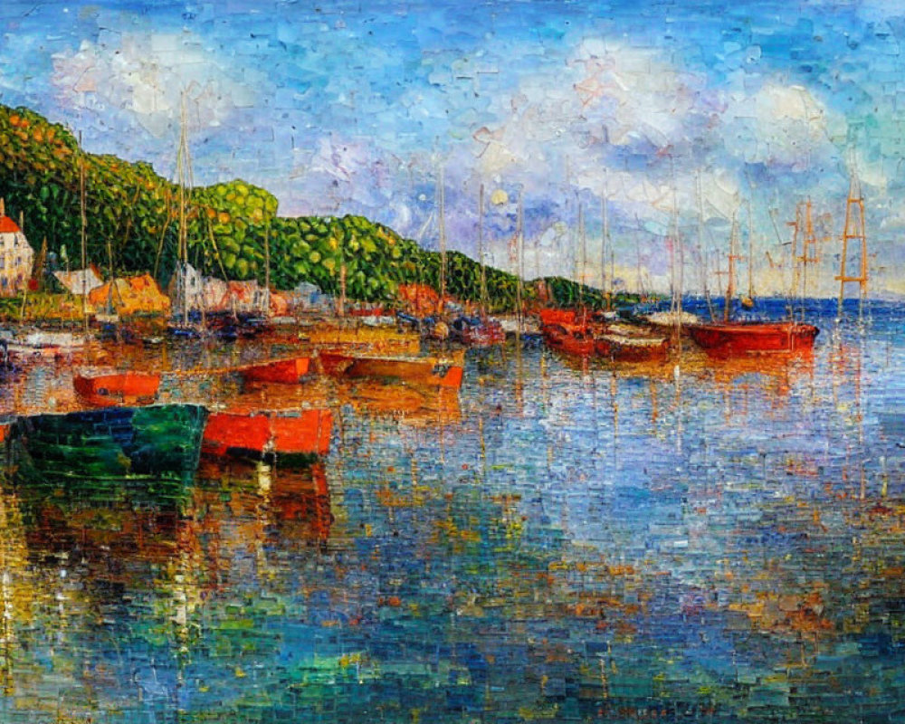 Vibrant Impressionist Harbor Scene with Boats and Greenery