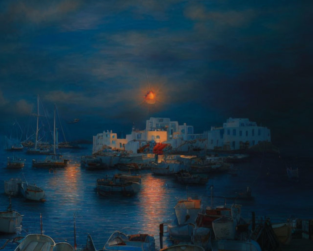 Harbor twilight scene with boats and coastal buildings at sunset