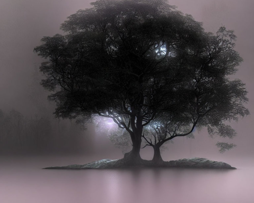 Ethereal landscape: solitary tree on misty mound with soft light