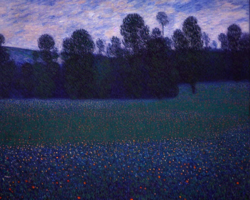 Vibrant twilight landscape with stars, green trees, and orange flowers