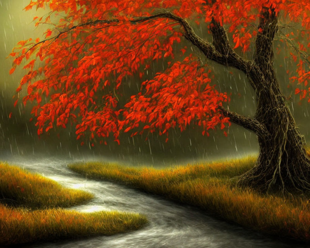 Vivid painting of fiery red tree under gentle rain beside winding path
