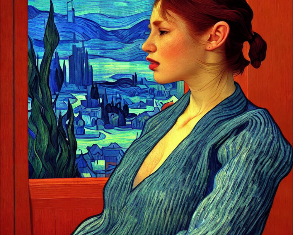 Vibrant portrait of pensive woman by window with cityscape view