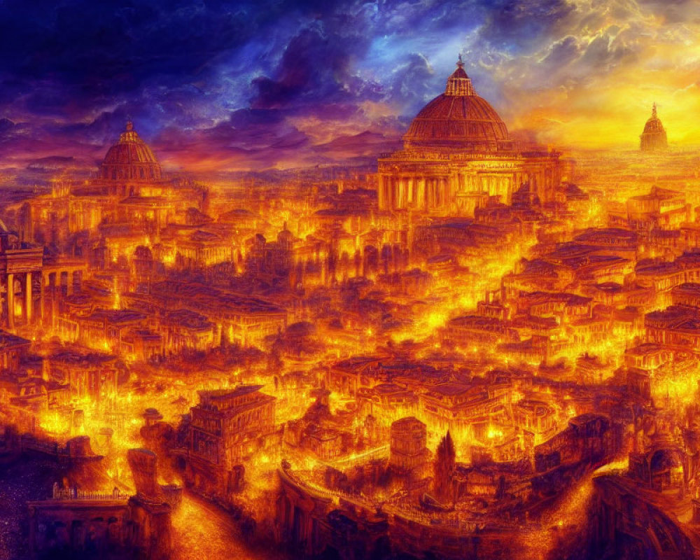 Ancient city with fiery domes and buildings in golden flames