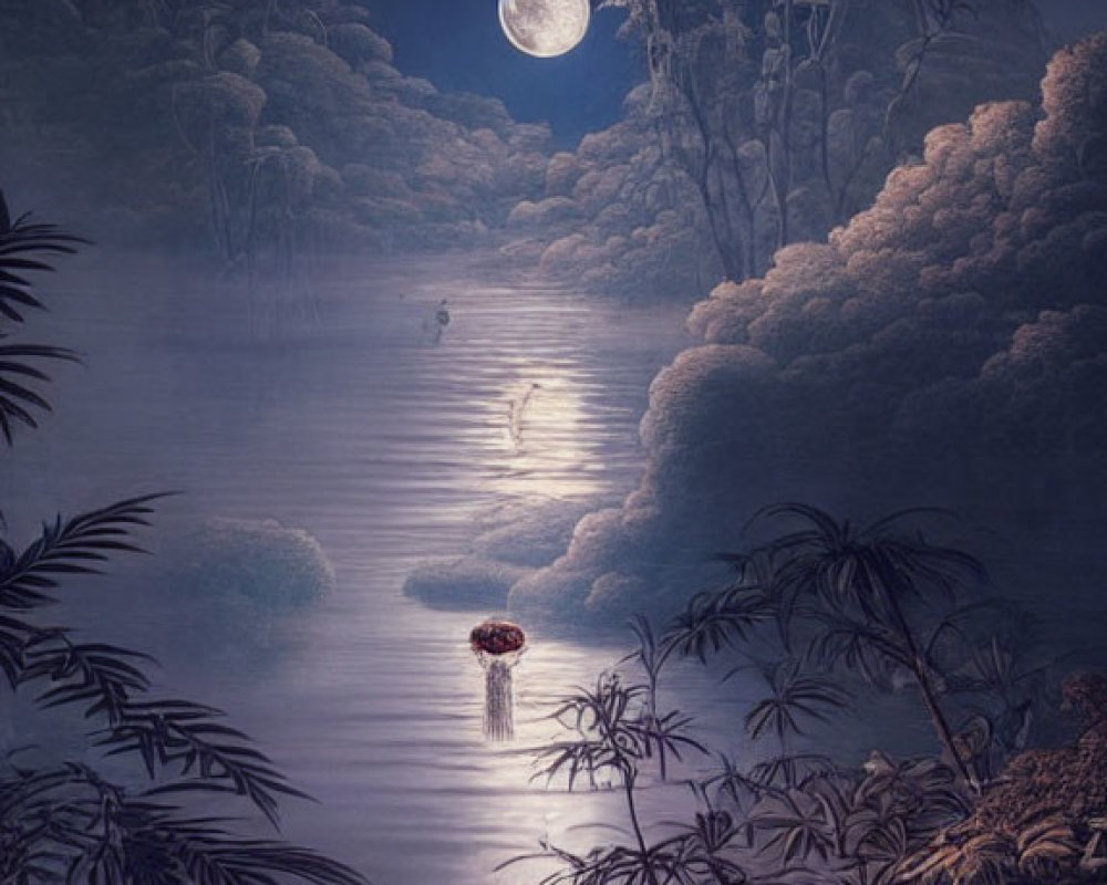 Tranquil full moon reflection on calm lake at night