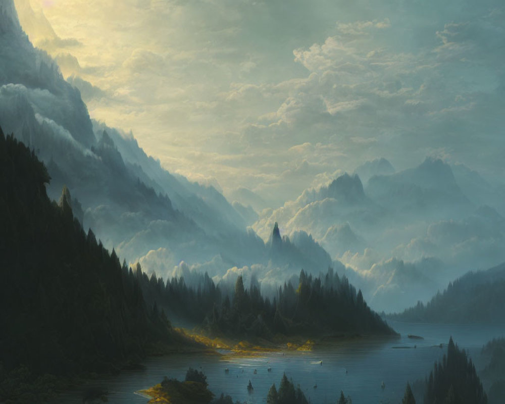 Serene dawn or dusk mountainous landscape with lake, forests, hills, and sunlit clouds