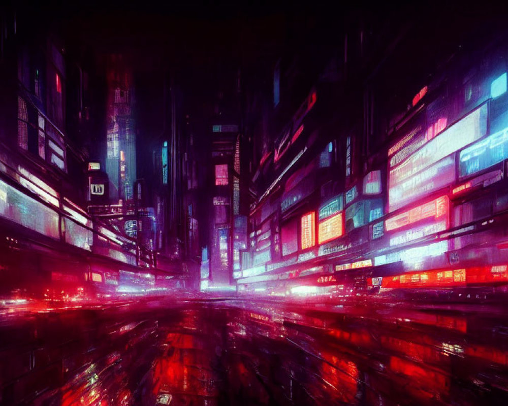 Neon-lit futuristic cityscape with glowing signs and wet streets at night