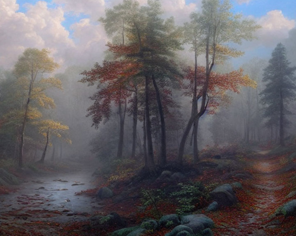 Tranquil autumn forest scene with misty ambiance and meandering stream