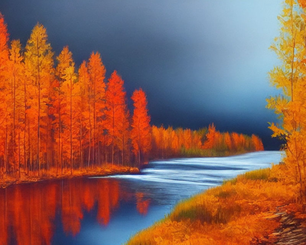 Autumn Trees Reflecting in Blue River Under Stormy Skies