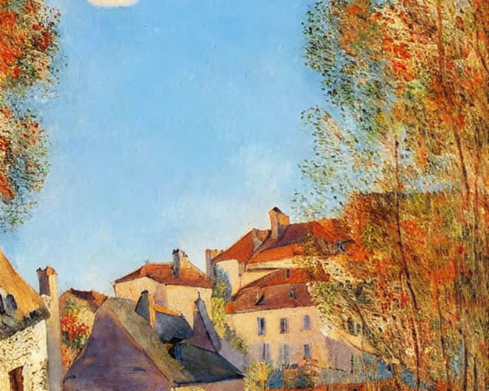 Tranquil village scene with houses, trees, cat under blue sky