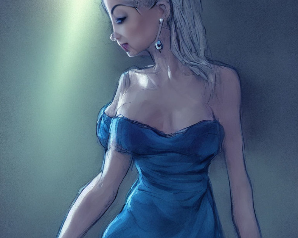 Detailed illustration of woman in blue dress with long earrings, looking down on shaded background.