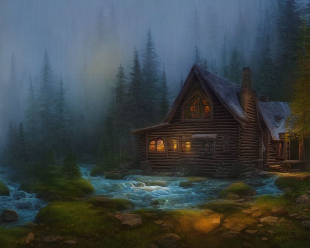 Tranquil Twilight Scene: Wooden Cabin by Stream in Misty Evergreen Forest