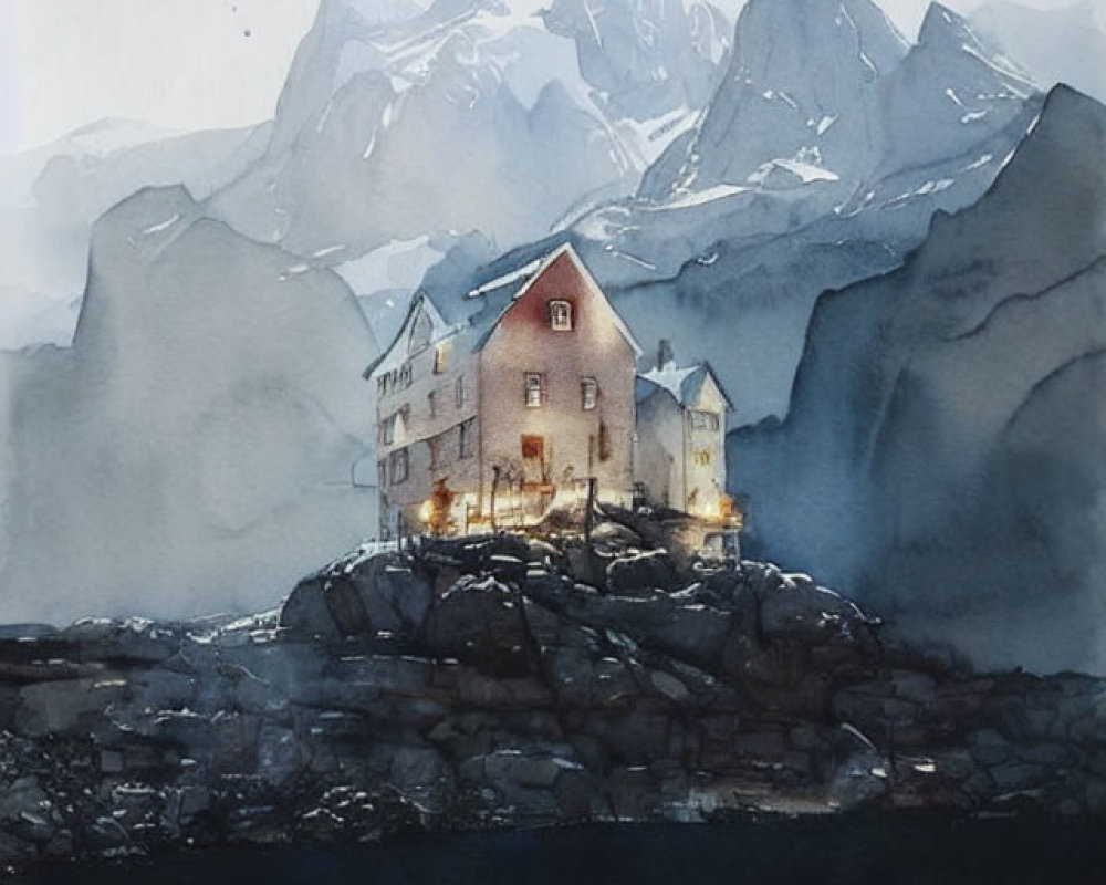 Watercolor painting of warmly lit house on rocky shore with misty mountains and dusky sky