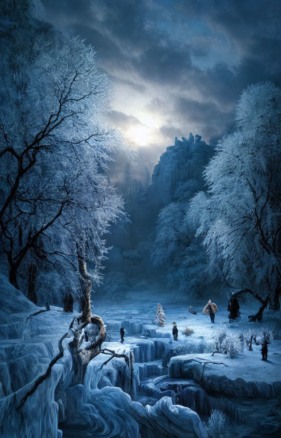 Frost-covered trees, frozen river, snowy path, people, animals, dim sun