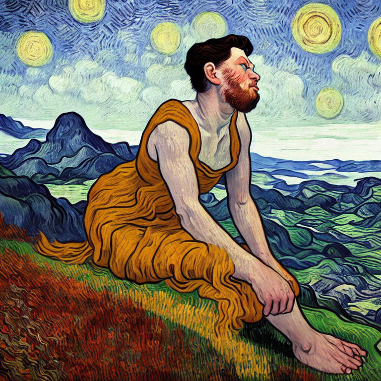 Stylized illustration of bearded man under starry sky