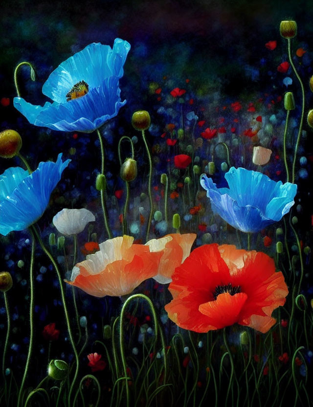 Colorful Flower Field Painting with Blue and Red Poppies on Dark Background