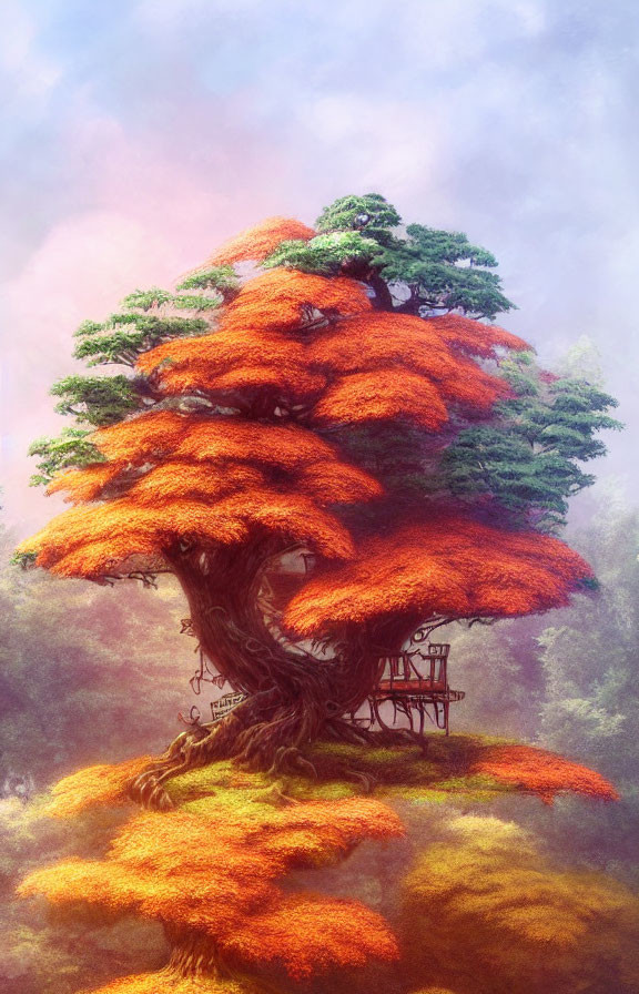 Large tree with red foliage and wooden treehouse in misty background