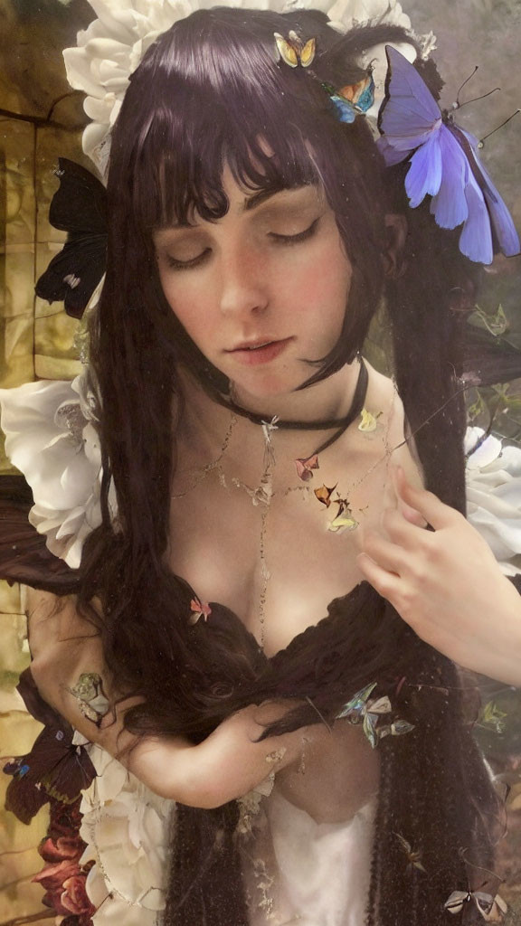 Violet-haired woman with closed eyes and butterfly accessories radiates mystical aura