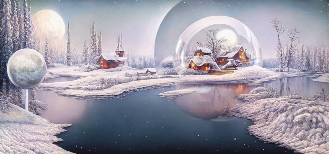 Surreal winter landscape with reflective lake, snow-covered trees, cabins, and two moons