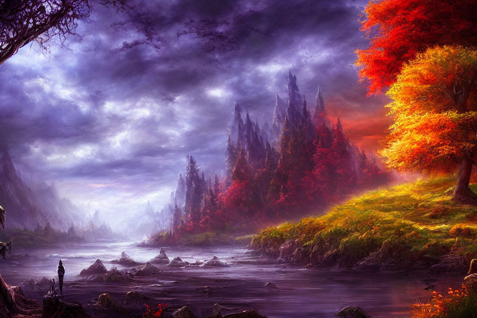 Fantasy landscape with river, autumn trees, human figure, spires, purple sky